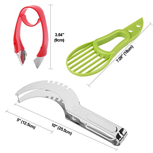 Fruit Slicer Peeler Set of 5 - Stainless Watermelon Slicer, Pineapple Corer, Avocado Slicer, Carving Knife and Melon Baller Scoop, Strawberry Huller, Kitchen Tools Gadgets Fruit Cutter by Hapree