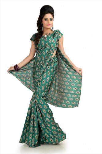 Designersareez Women's Khadi Silk Printed Saree Free Size Teal Green