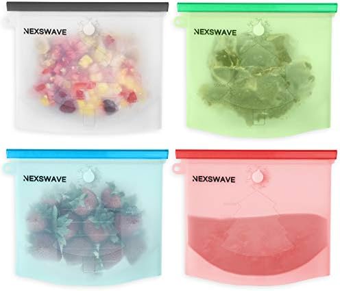 NEXSWAVE Reusable Silicone Food Sandwich Bags Set of 4 | Airtight Zip Seal Bags Keep Your Food Fresh. Bags For Cooking, Sous Vide, Lunch, Snack, Sandwich, Freezer | NEW DESIGN with Week Recorder