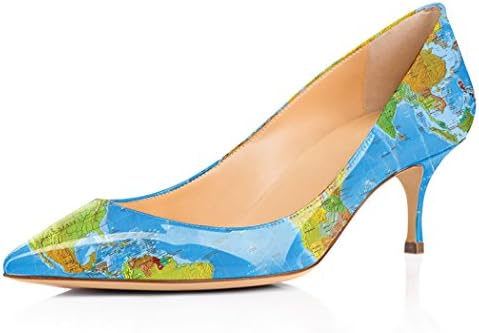YCG Women's Low Heels Pumps World Map Printing Slip on Shoes