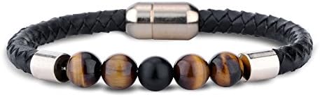 EnjoIt Chakras Bracelet Genuine Leather Rope Bangle with Lava Rock Tiger Eye Natural Stone Bracelets for Men Women