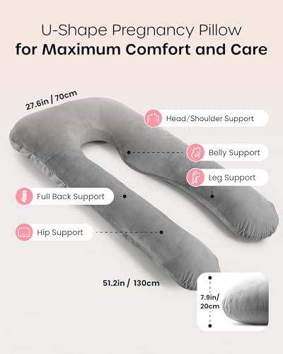 Nuliie Pregnancy Pillow for Sleeping, U Shaped Full Body Pillow Pregnancy Pillows, Maternity Pillow Support for Back, HIPS, Legs for Pregnant Women, with Washable Velvet Cover (Grey)