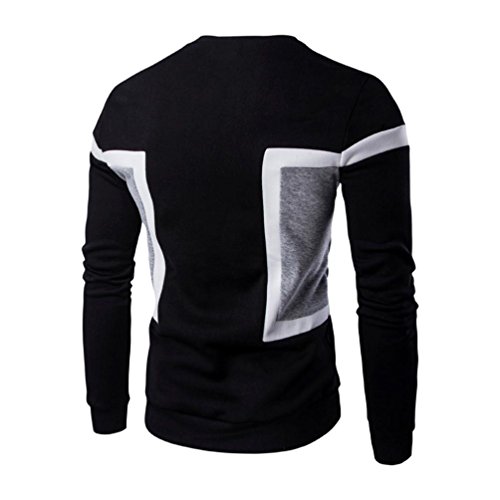 Qisc Mens Teens Crewneck Long-Sleeve T-Shirt Classic Cotton Patchwork Color Striped Top Tee (Black B, M)