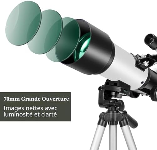 Télescope pour Adultes débutants, Ouverture 70 mm 400 mm AZ Mount Full Multi-Couches Réfracteur Optique Portable Télescope de Voyage avec trépied Adaptateur téléphone (White)