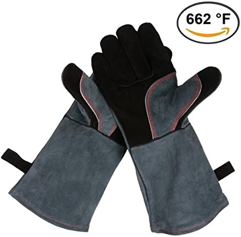Dhakar Leather Grill BBQ Gloves, 662°F(350℃) Extreme Heat Resistant Oven Stove Fireplace Cooking Baking Barbecue Gloves Mitts with 16 inches Long Sleeve - One-Size-Fit-Most for Men &amp; Women (BLACK)