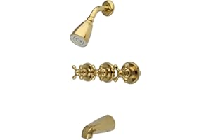Kingston Brass KB232AX Tub and Shower Faucet with Three Cross Handles, Polished Brass 5-Inch Spout Reach