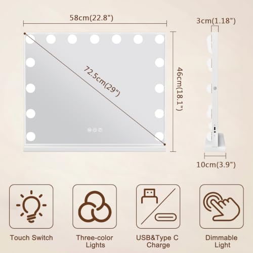 FENCHILIN Vanity Mirror with Lights, Hollywood Lighted Makeup Mirror with 15 Dimmable LED Bulbs for Dressing Room & Bedroom, Slim Metal Frame Design, White