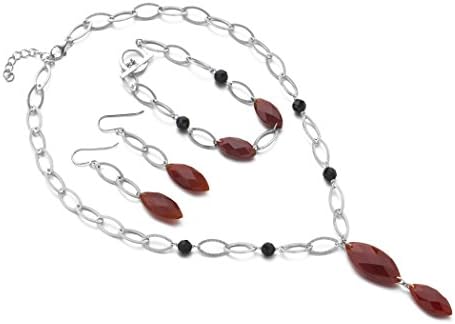 MIU Jewellery Y-Shape Black and Red Agate Silver Earring+Bracelet 19cm+Necklace 41cm