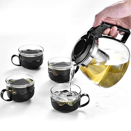 Teapot with Infuser and 4 Glass Cups set,Glass Tea Maker Kettle with Strainer Blooming Loose Leaf tea pot set by JASVIC