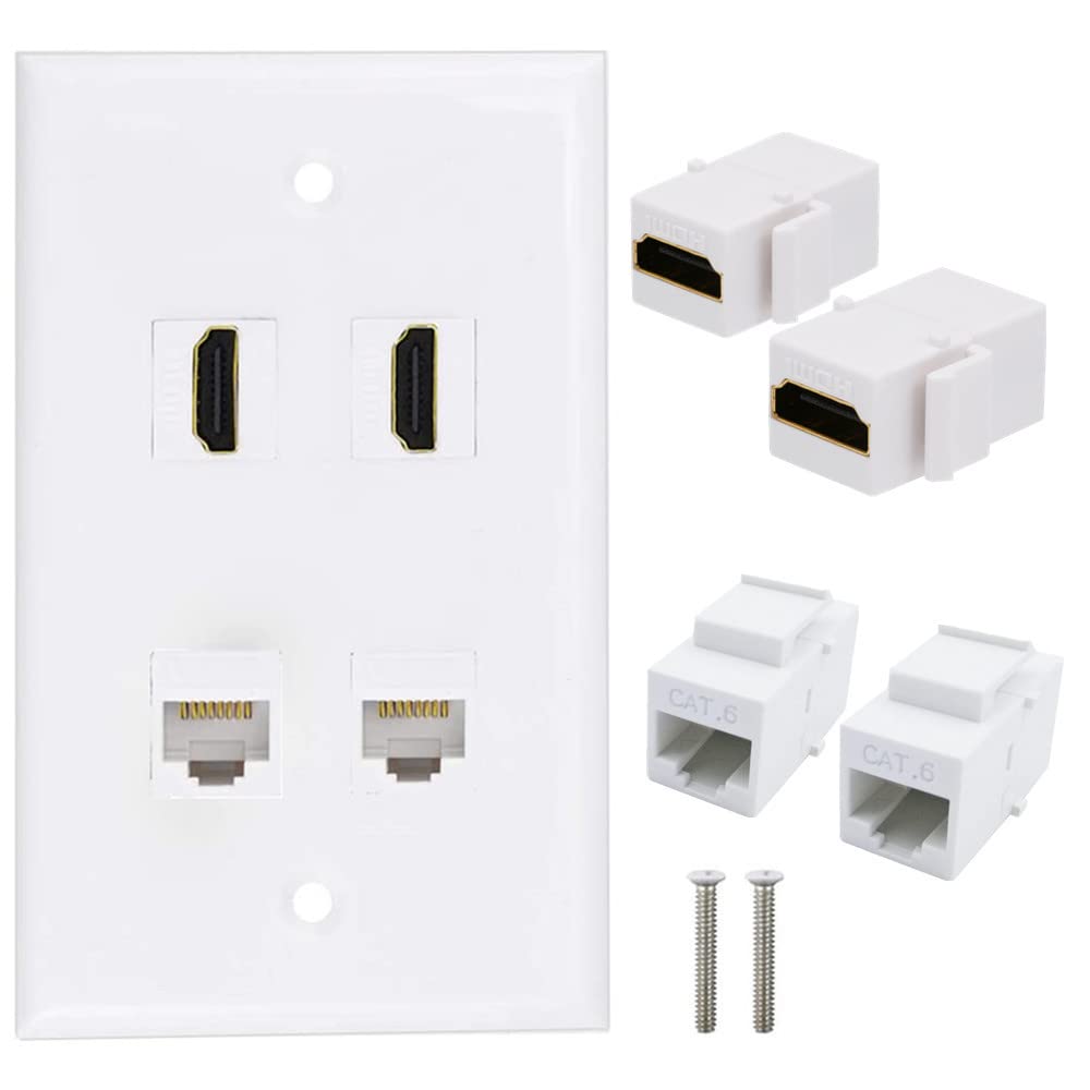 Halokny 2 x HDMI Keystone Jack + 2 x Cat6 RJ45 Ethernet Wall Plate, 4Port Outlet Face Plate, White