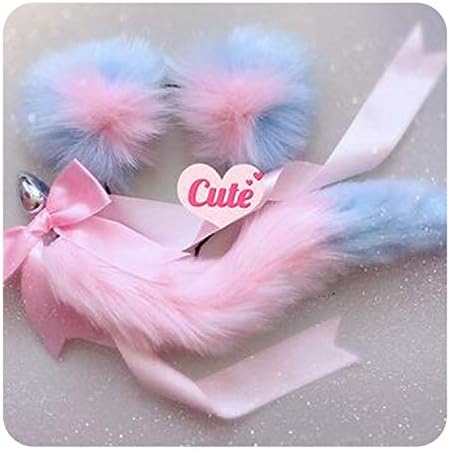 Cute Soft Cat Ears Headbands with Tail Bow Metal Plug Cosplay Accessories Intimate Funny Toys for Couples,Pink Blue