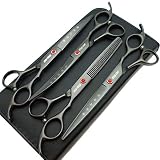 7.0in Titanium Black Professional Pet Grooming Scissors Set,Straight & Thinning & Curved Scissors 4pcs Set for Dog Grooming,(Black)