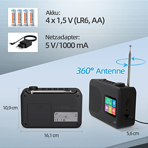 LFF Digital Radio DAB Small Digital FM Radio with DAB+ and Bluetooth, Colour Display, Battery or Cable Function - Black