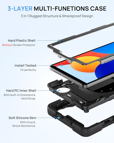 Gerutek Anti-Drop Case for Xiaomi Redmi Pad SE 2024 (8.7 Inch), Rugged Case with 360° Rotating Stand, Hand/Shoulder Strap, Pencil Holder, Rugged Case for Redmi Pad SE 8.7" 2024, Black
