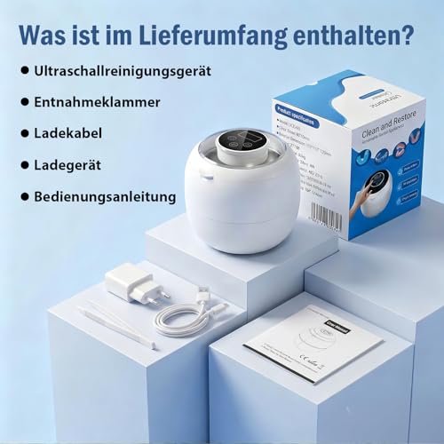 Pulitore ultrasuoni, 45000Hz con 6 luci UV, ultrasonic cleaner ricaricabile con 4 modalità. Per retenitori, protesi, brackets, allineatori, impianti e gioielli in argento