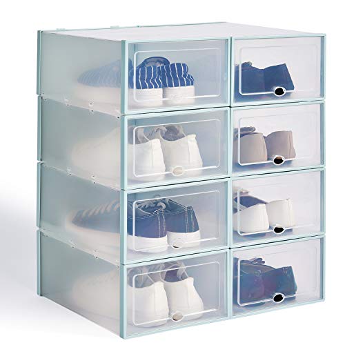Hapilife 8pcs Shoe Box Stackable Shoe Storage Box Clear Plastic Shoe Organiser Box Ladies Men 35.5x22.5x13.5CM (Blue)