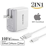 2in1 [ Apple MFi Certified ] 3Meters/10Ft Lightning Cable/Cord + Dual Port USB Wall Plug Charger Block/Charging Cube/Power Brick Adapter for iPhone Xs XR X 8 Plus 7 6s 6 5 5s 5C SE iPad Air Pro Mini