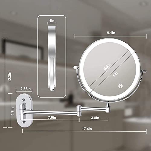 Rechargeable Lighted Makeup Mirror Wall Mounted, 10X Magnifying Mirror for Bathroom, Double