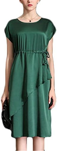 Pure Silk Women's Round Neck Slim Waist Skirt Sleeveless Dress Green XXL