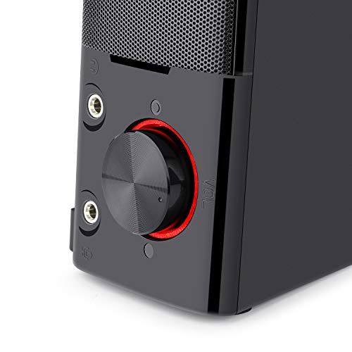 redragon gs550 orpheus pc gaming speakers, barra de sonido estéreo de 2.0 canales para computadora de escritorio con tamaño compacto maniobrable, conector para auriculares, bajos de calidad y retroiluminación roja decente, alimentación por usb con cable d