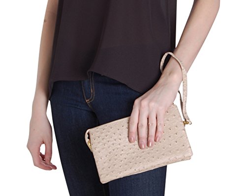 Humble Chic Vegan Leather Faux Ostrich Wristlet - Textured Dot Convertible Wallet Crossbody Bag Clutch Purse with Shoulder Strap, Tan Ostrich, Nude, Beige - Thumbnail 4