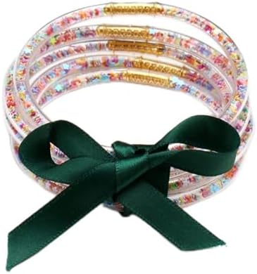 yaozeio Pulseras de silicona de gelatina para mujer, pulseras de gelatina con purpurina dorada, pulseras apilables en capas para mujer con lazo y pulsera de cinta, Plástico Metal Silicona, No es