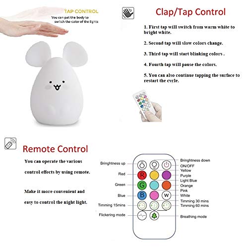 ATOMFIT LED Nursery Night Lights for Kids: Cute Animal Silicone Baby Night Light with Touch Sensor and Remote - Portable and Rechargeable Infant or Toddler Cool Color Changing Bright (Mouse)