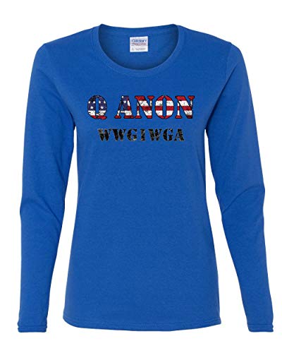 Q ANON WWG1WGA Women's Long Sleeve Tee Patriotic Stars and Stripes Deep State Royal Blue M