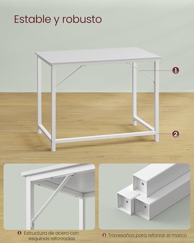 Escritorio, Mesa Oficina Pequeña y Estación Trabajo, Mesa para Teletrabajo, Estudio, Dormitorio, 50 x 100 x 76 cm, Estilo Moderno, Estructura Metal, Blanco Arce y Blanco Nube LWD041W44
