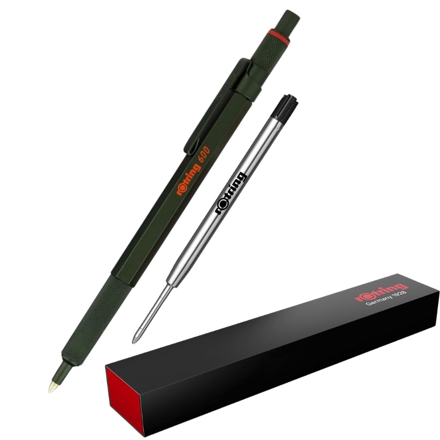 rOtring 600 Ballpoint Pen | Medium Point | Black Ink | Green Barrel | Refillable + additional Pen Refill BLK
