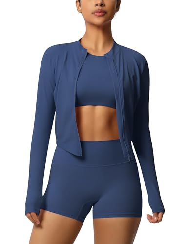 IDOPIP Ensemble de sport pour femme 3 pièces avec veste de sport : veste de course + legging court + débardeur à manches courtes avec soutien-gorge – Vêtements de sport pour le sport, le fitness, le
