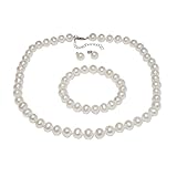 Sterling Silver Cultured Freshwater White Pearl Necklace Earrings Bracelet Set