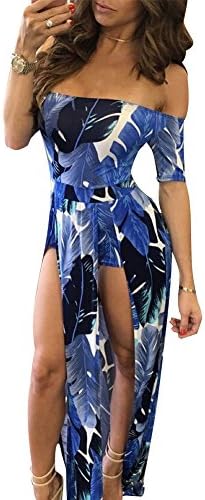 WorkTd Womens Off Shoulder Palm Leaves Multicolor Split Print Jumpsuit Maxi Dress Blue S