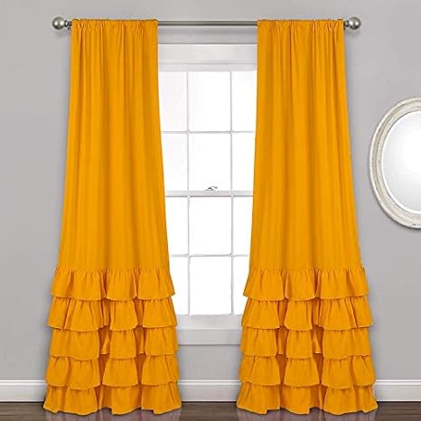 Buy Studio Shubham Dupion Silk Yellow Ruffle Rod Curtain Set Of 2