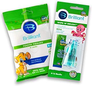 Brilliant Wipe N Brush -1 Silicone Toothbrush and 30 ct. Tooth Tissues - Xylitol Dental Wipe, Mouth Cleaner for Infants 4-16 Months Old, Infant Oral Cleaning Products, Baby Registry Must Haves, Green