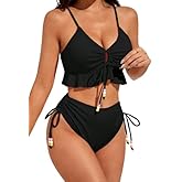 SKAYS Women's Two Piece Swimsuit Ruffle Bikini High Waisted Bikini Sets Halter Bathing Suit for Curvy Women with Drawstring