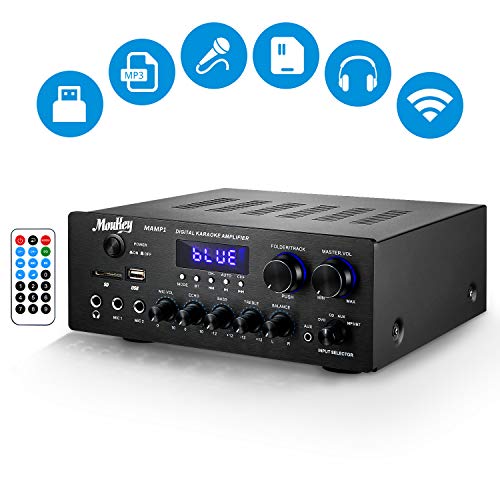 Moukey MAMP1 Wireless BT Power Amplifier System – 220W Dual Channel Sound Audio Stereo Receiver w/USB, SD, AUX, MIC in w/Echo, Radio, LED – for Home Theater Entertainment via RCA, Studio Use