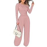 Ninimour Jumpsuits For Women Dressy Pearls Decor Long Sleeve One Piece Outfits For Women Casual Ruched Wide Leg Rompers