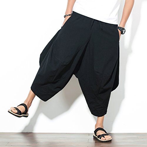 image for INVACHI Mens Elastic Waist Wide Leg Cotton Harem Baggy Pants Patchwork