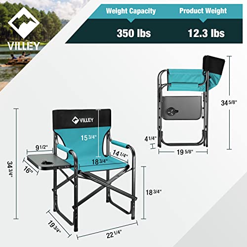 VILLEY Camping Chairs, Folding Directors Chair, Outdoor Foldable Chair with Side Table, 900D Fabric for Camp Tailgating Lawn Picnic Fishing Beach, Supports 350 LBS, Blue