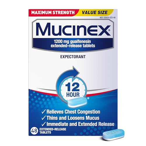 Mucinex 12 Hour Maximum Strength 1200 mg Guaifenesin Extended-Release Tablets for Excess Mucus Relief, Expectorant Aids Excess Mucus Removal, Chest Congestion Relief for Adults, 48 Tablets