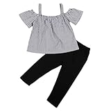 Kids Toddler Baby Girls Off Shoulder Striped T-shirt Tops+Pants Outfit Set (1-2 Years, Stripe+Black)