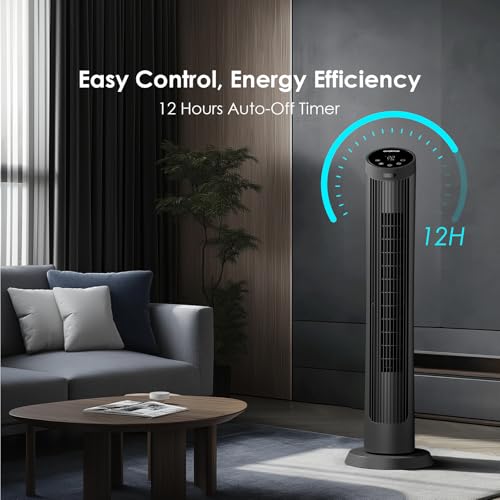 Oraimo 40" Silent Tower Fan with Remote Control 10m, 50W Powerful DC Brushless Motor, 4 Speeds,3 Wind Modes,12H Timer, 90° Oscillation, LED Display, Fan Standing for Bedroom Home Office