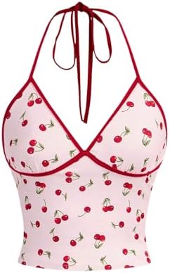 WDIRARA Women's Cherry Print Curve Hem Tank Top Sleeveless Scoop