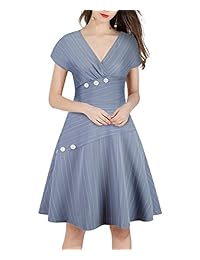 Fashup - Vestido de mujer con cuello en V para oficina y trabajo, casual, delgado y ajustado, color azul