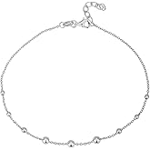 Vanbelle Sterling Silver Jewelry - Rhodium Plated with 925 Stamp - Center Graduated Beaded Chain Anklet for Women - 9" long + 1" Extender
