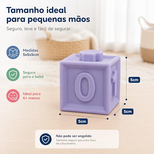 Blocos Sensoriais para Bebê 6M+ 12 Cubos Educativos para Empilhar | Números 0-9 e Símbolos Matemáticos – Brinquedo Didático com Texturas e Som