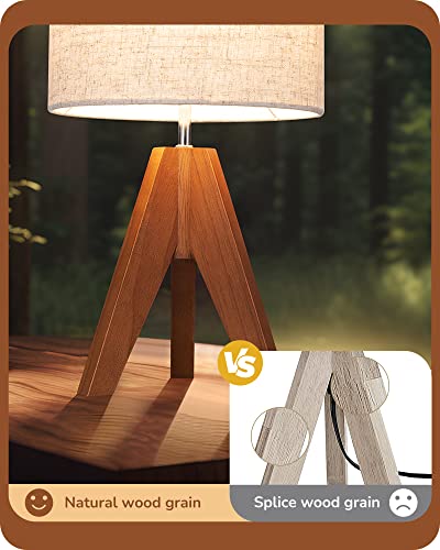EDISHINE Small Table Lamp, Wooden Tripod Bedside Lamp with Linen Fabric Lampshade, 14.2" Nightstand Lamp for Bedroom, Living Room, Office, 2 Pack