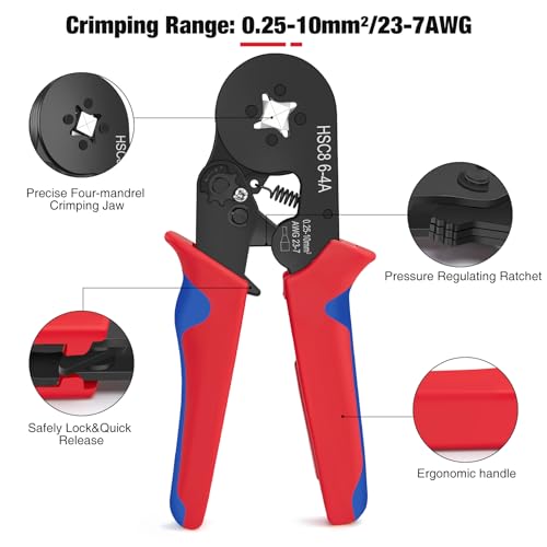 JOEJONI Crimping Pliers, 0.25-10mm² Electric Crimp Lugs, Crimping Pliers with 1800 Insulated Cable Lugs, for Electricians, Repairers and Handymen