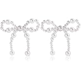 Pearl Bow Drop Earrings for Women Pearl Beaded Dangle Statement Earrings Vintage Bow Knot Ribbon Earring Costume Prom Wedding Fashion Jewelry Gifts